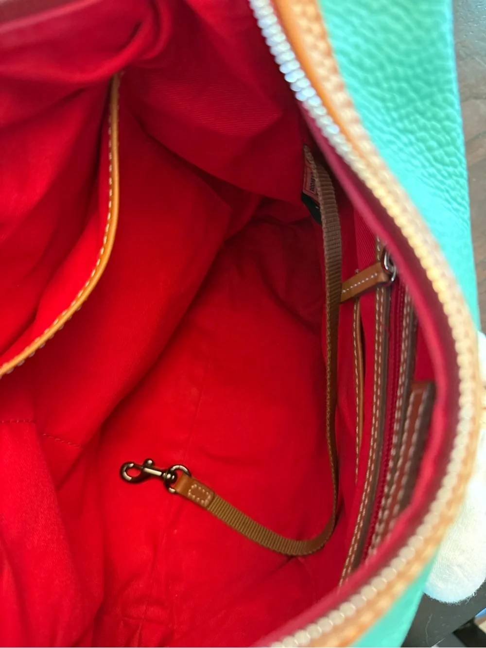 Dooney & Bourke Turquoise Pebbled Leather Shoulder Hobo bag w/ Tan Trim Tassel - Picture 10 of 16